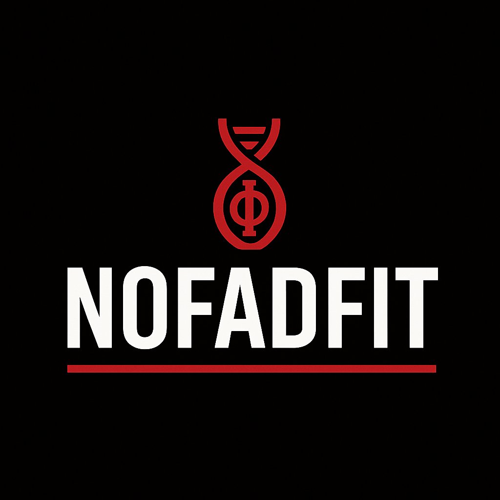 NoFadFit logo — a red DNA helix containing the Greek letter Phi, above the wordmark NOFADFIT